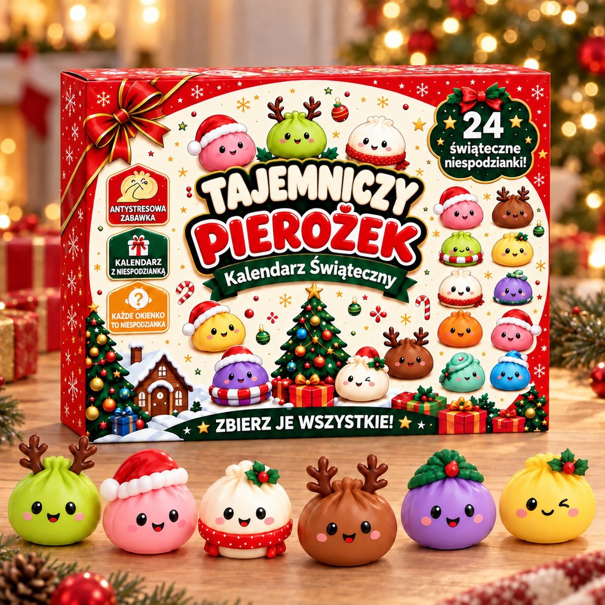 Kalendarz adwentowy squishy Tajemniczy Pierożek, wersja Świąteczna, pudełko z 24 okienkami