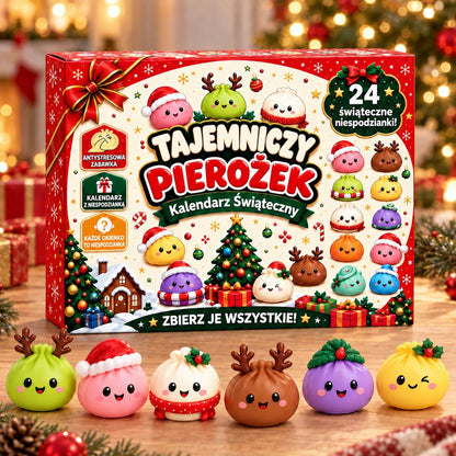 Kalendarz adwentowy squishy Tajemniczy Pierożek, wersja Świąteczna, pudełko z 24 okienkami