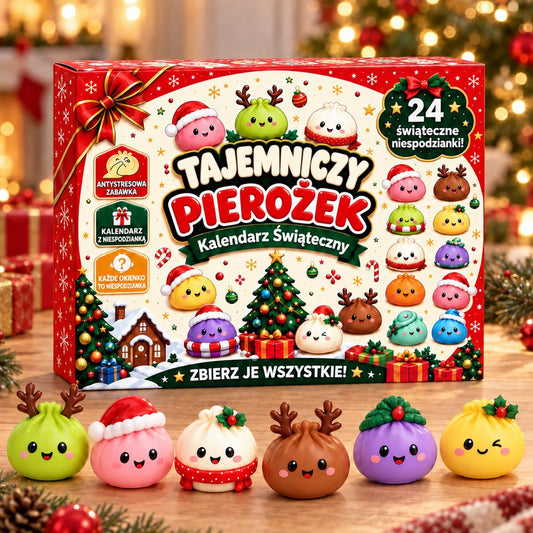 Kalendarz adwentowy squishy Tajemniczy Pierożek, wersja Świąteczna, pudełko z 24 okienkami