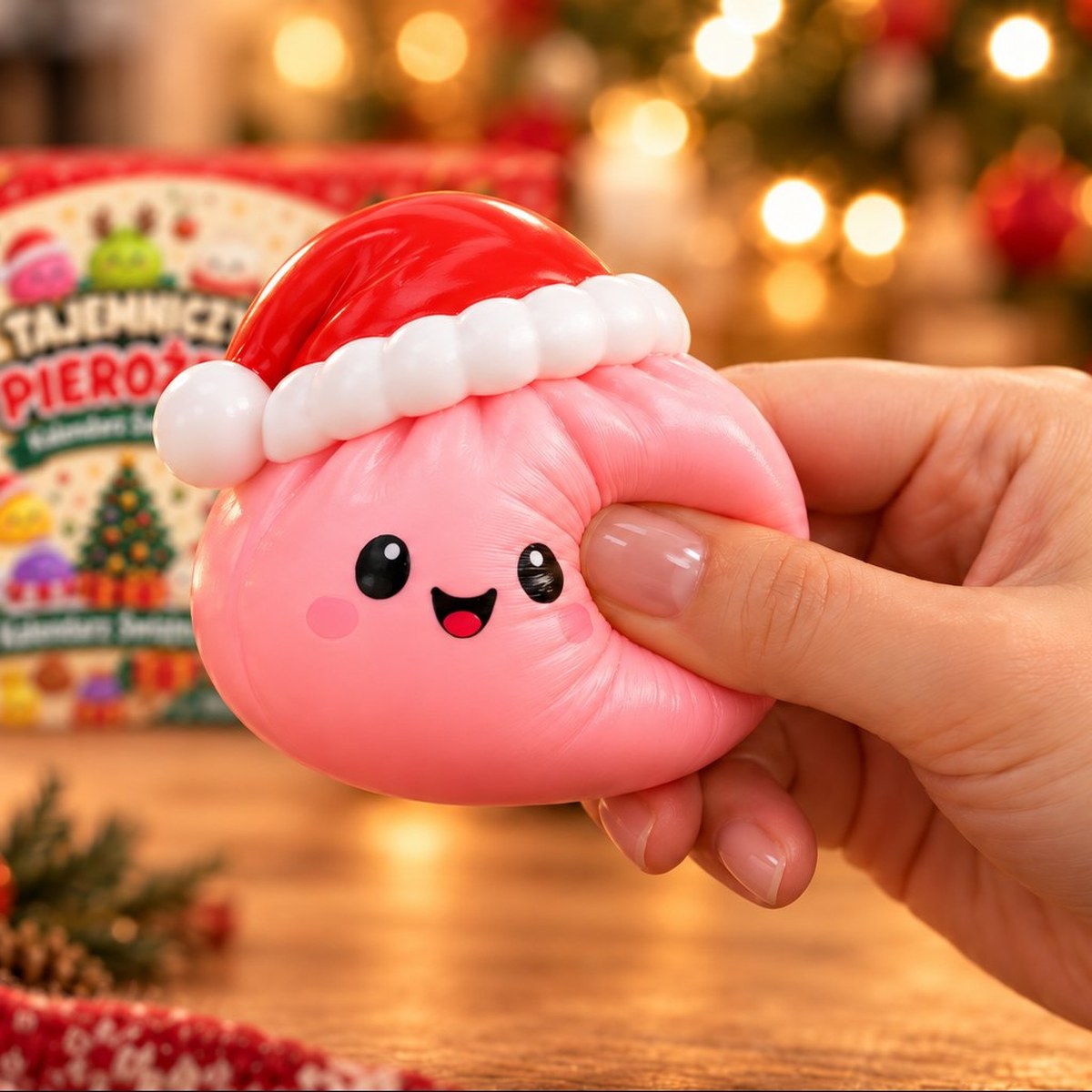 Dłoń ściska gniotka pierożka squishy z pianki slow-rise